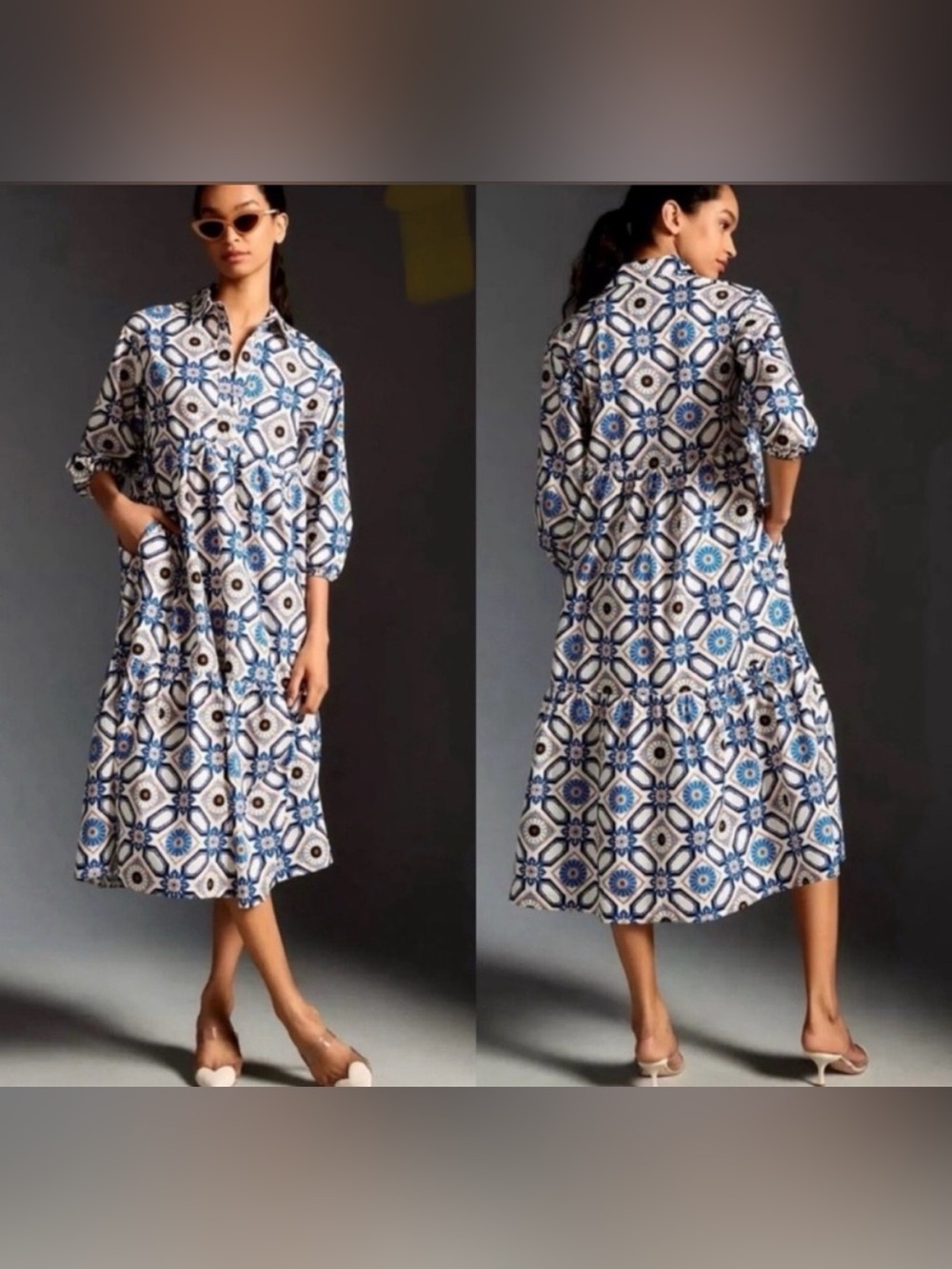 EUC/Maeve Bettina tiered Shirt Dress Blue & White Geometric Midi Dress SizeSmall